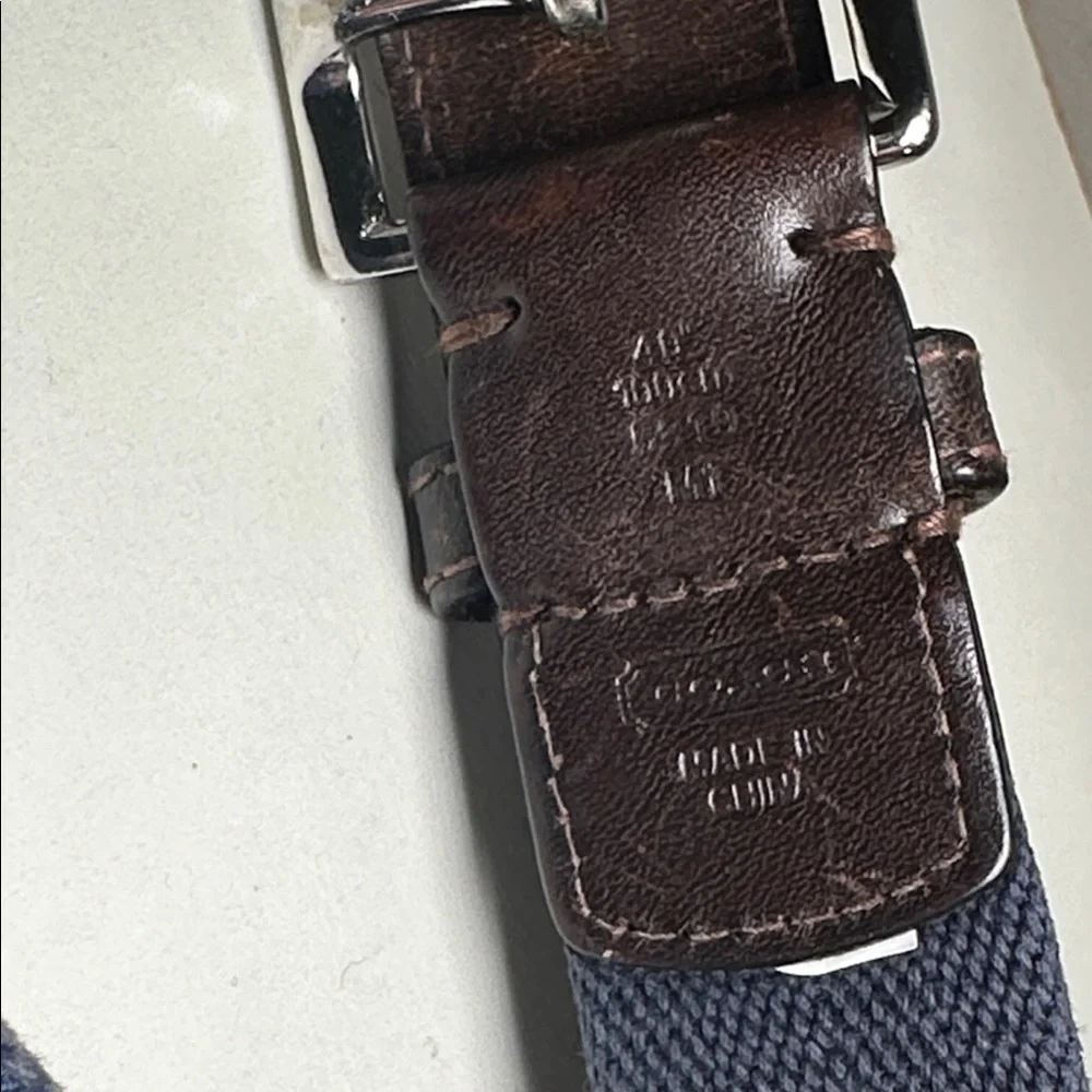Coach Men's Brown Leather Belt with Navy and Red Stripe solid brass